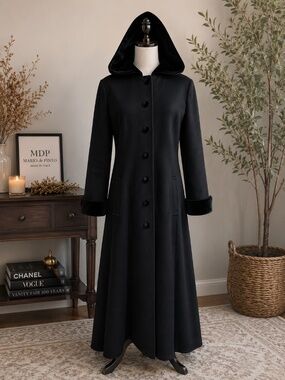 Vintage Mario De Pinto Wool Hooded Coat Black Velvet Trim USA 18T